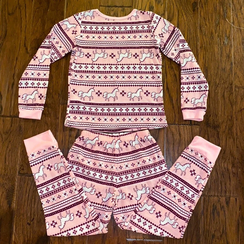 Wonder Nation pink white maroon unicorn 🦄 long Johns pajama set 7/8 Medium PJ’s
